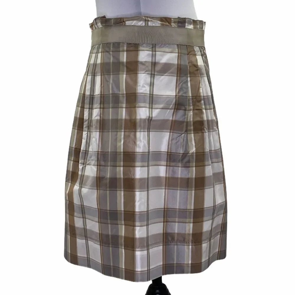 THE Limited Tan White Plaid Silk Mini Belt Skirt 6